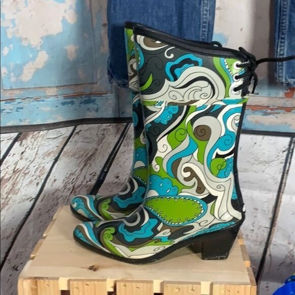 Womans 6 Day Rain Boots Paisley Green Blue Cowboy Boots FLAW - Picture 1 of 8